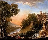Nicolas-Jacques Juliard Figures Resting On The Banks Of A River, A Waterfall In The Foreground painting